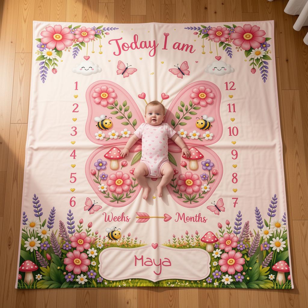 Personalized baby milestone blanket hanging over baby, pink floral butterfly, weeks/months, Maya