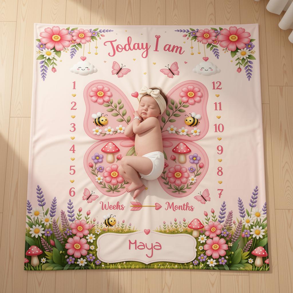 Personalized baby milestone blanket on hardwood, pink butterfly garden, weeks/months, Maya