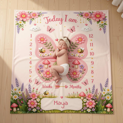 Personalized baby milestone blanket on hardwood, pink butterfly garden, weeks/months, Maya