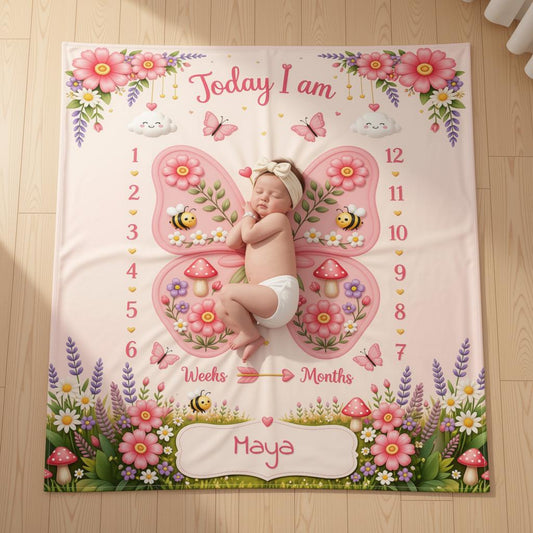 Personalized Baby Weekly & Monthly Milestone Blanket – Photoshoot Prop with Butterfly Garden Design