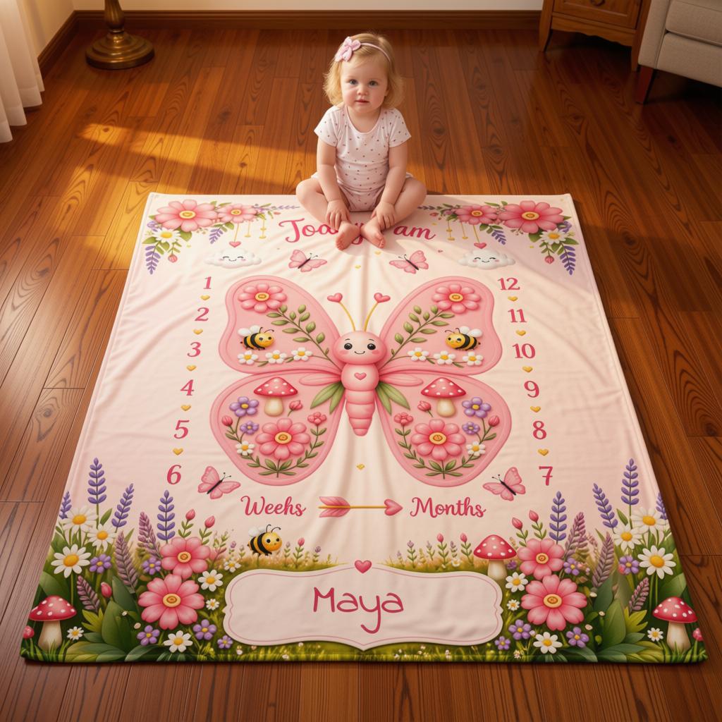 Personalized baby milestone blanket with butterfly design, weeks/months, pink flowers, Maya