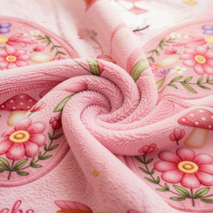 Personalized baby milestone blanket fabric close-up, pink floral butterfly garden print