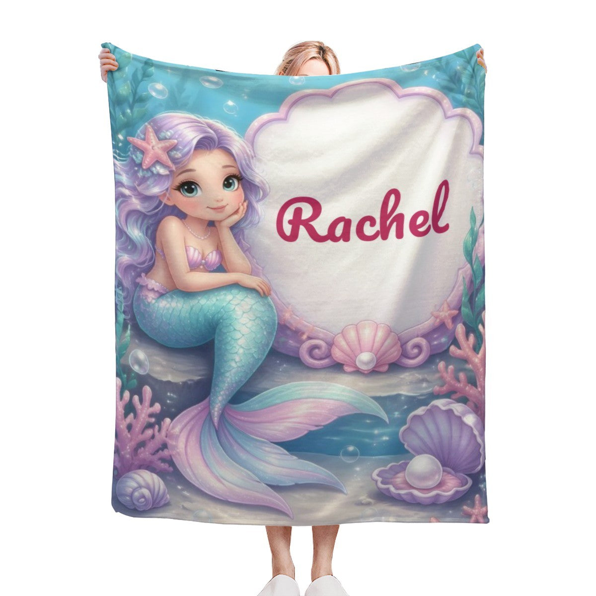 Personalized mermaid blanket throw with purple-haired mermaid and name “Rachel”