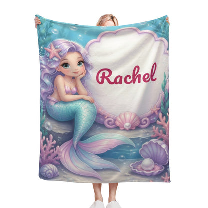 Personalized mermaid blanket throw with purple-haired mermaid and name “Rachel”