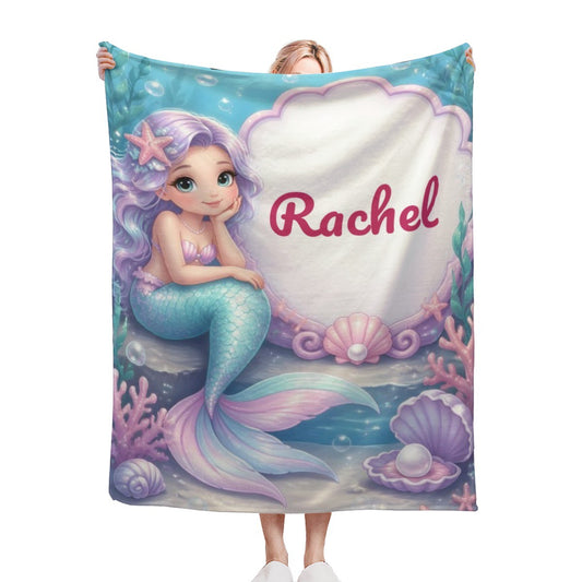 Personalized mermaid blanket throw with purple-haired mermaid and name “Rachel”