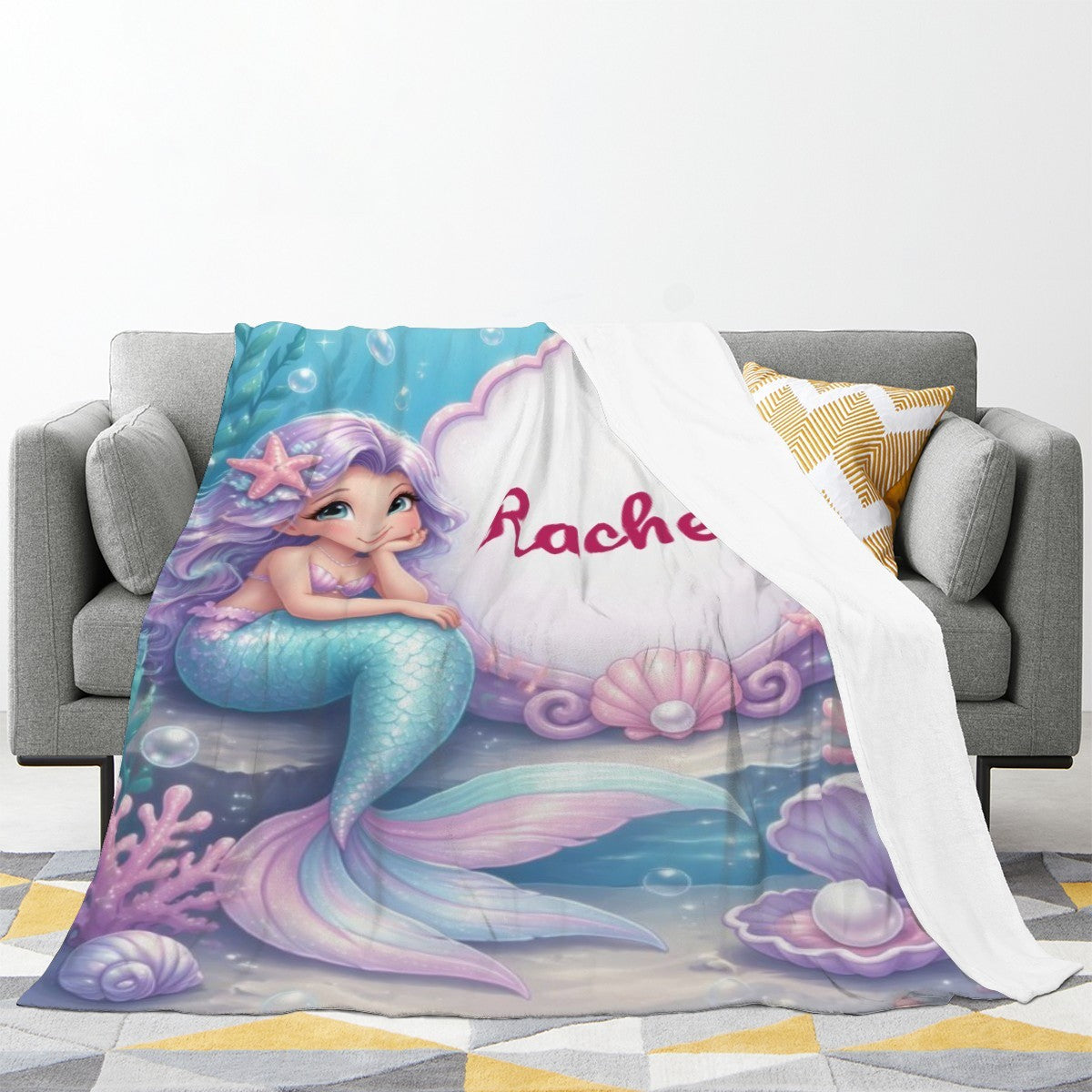 Mermaid-themed personalized throw blanket with “Rachel” and seashell, coral graphics