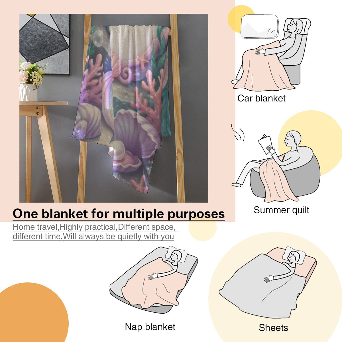Personalized mermaid throw blanket with “Rachel,” shown folded and textured