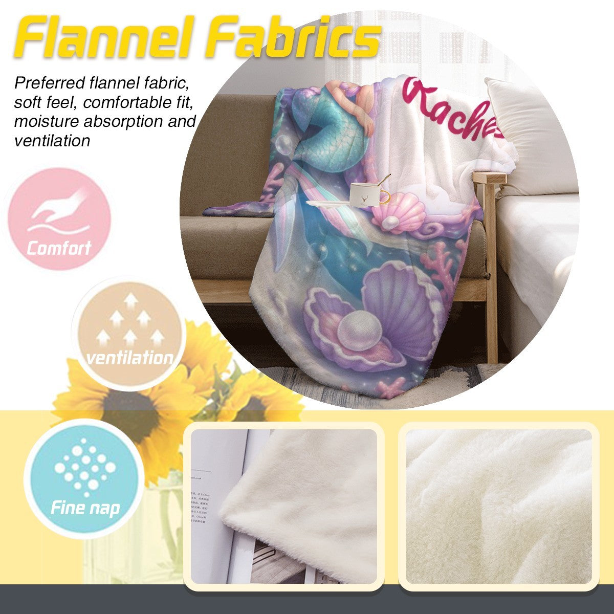 Flannel mermaid blanket throw with “Rachel” and plush fabric texture detail