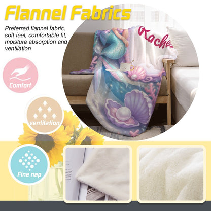 Flannel mermaid blanket throw with “Rachel” and plush fabric texture detail