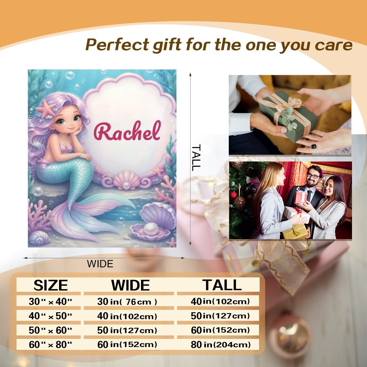 Personalized mermaid blanket throw featuring “Rachel,” size chart background