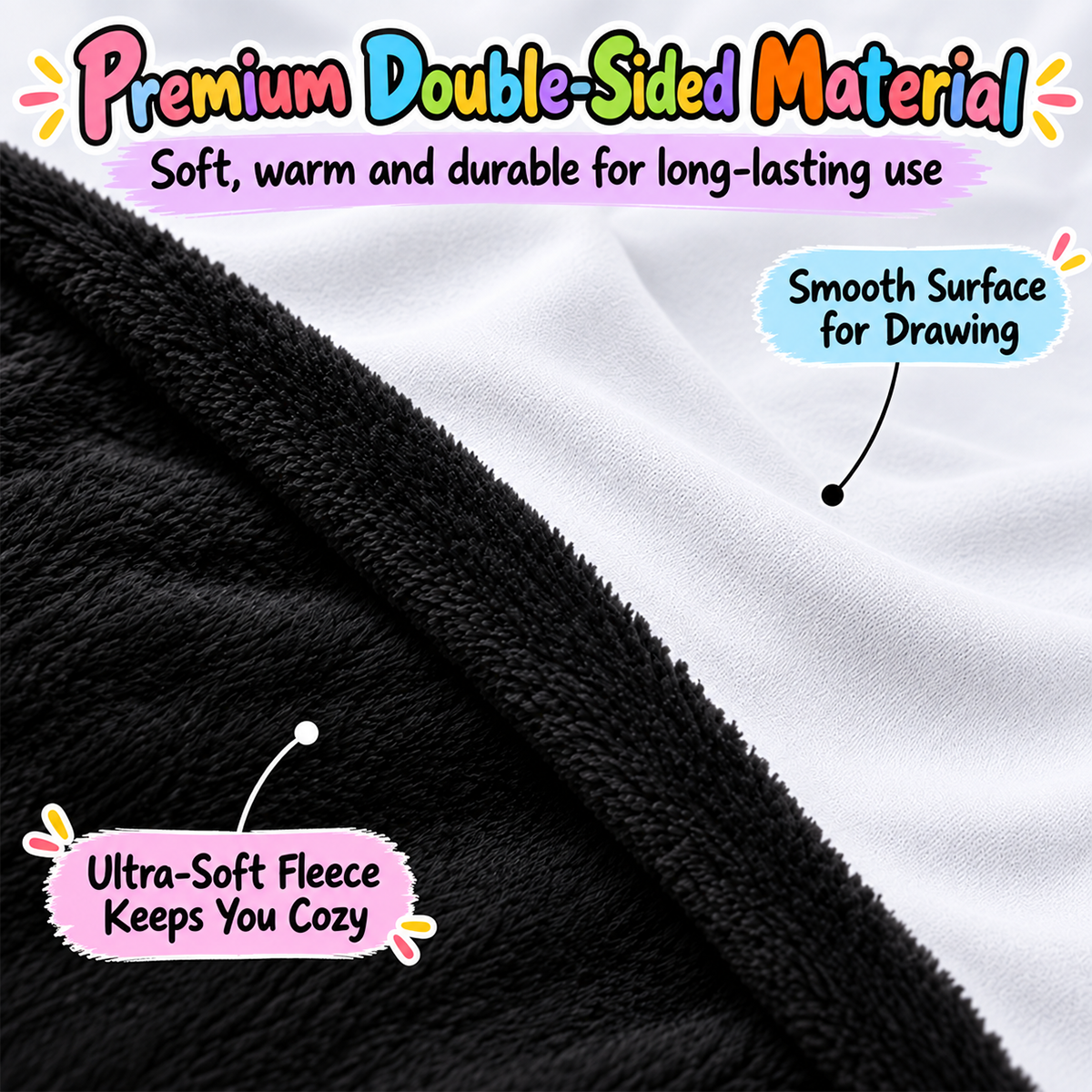 Double-sided coloring blanket material, black fleece and white smooth drawing surface