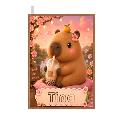 A5 notebook with cute bear holding bubble tea on a floral, colorful cover