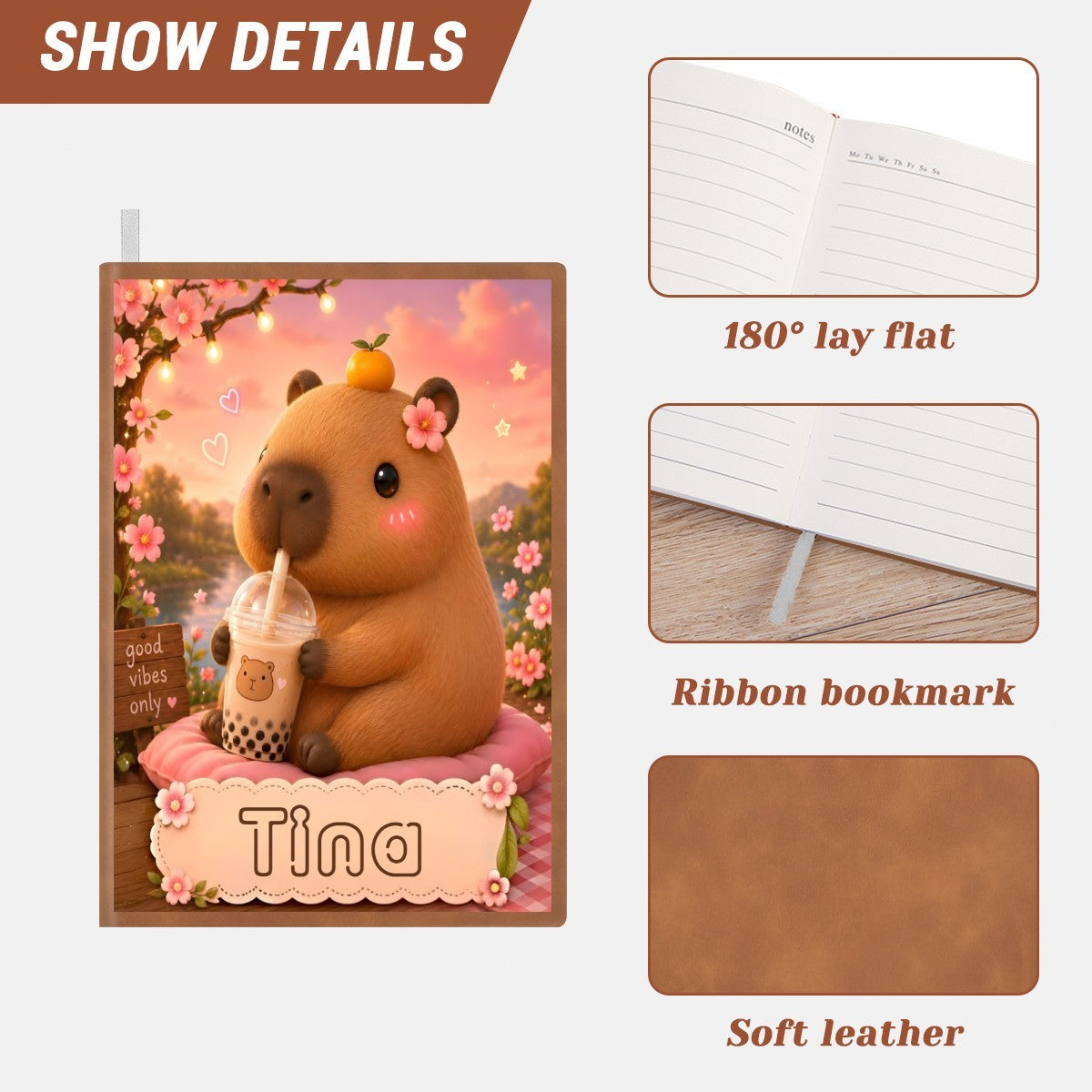 Brown soft-leather notebook with bear bubble-tea cover and scalloped ribbon edge