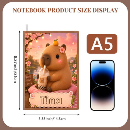 A5 notebook with bear bubble-tea cover, shown in product size display