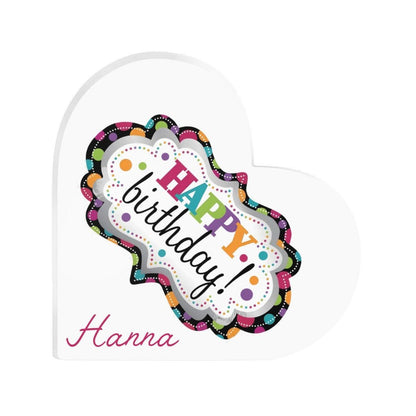 Acrylic heart ornament with Happy Birthday Hannah text, multicolor border