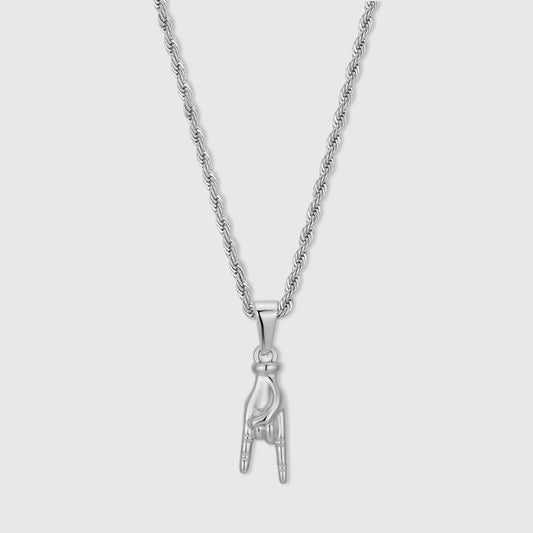 Silver hand horn pendant necklace with link chain and small loop bail.