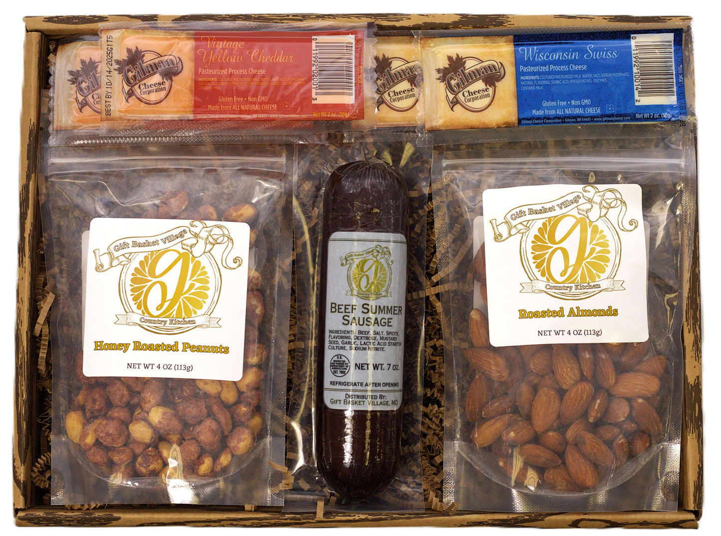 Savory snack sampler gift basket with snack bags and beef summer sausage