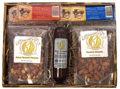 Savory snack sampler gift basket with snack bags and beef summer sausage