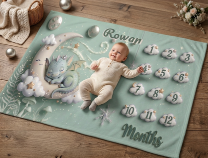Mint baby milestone blanket with sleeping dragon, moon, and numbered monthly patches