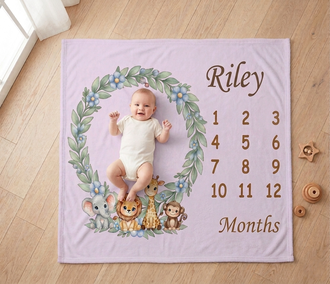Lavender pink baby milestone blanket with “Riley” and month numbers, animal wreath design