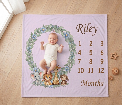 Lavender pink baby milestone blanket with “Riley” and month numbers, animal wreath design