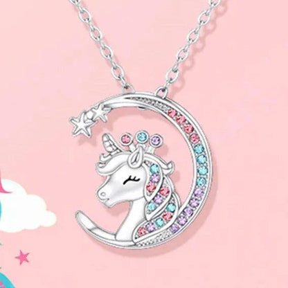 Silver moon unicorn pendant necklace with multicolor crystal border and star accents