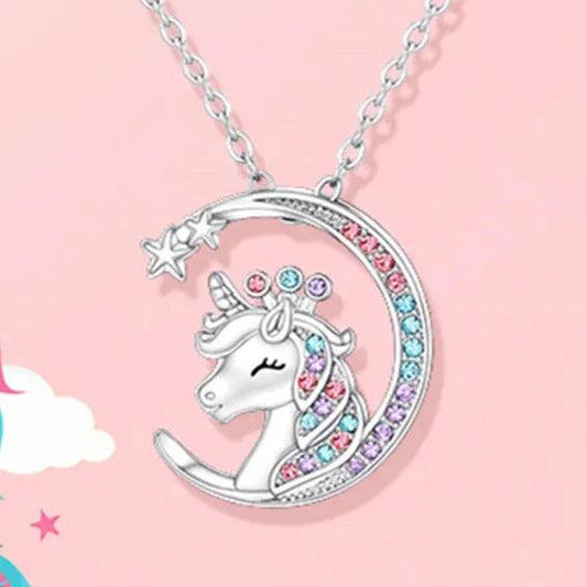 Silver moon unicorn pendant necklace with multicolor crystal border and star accents