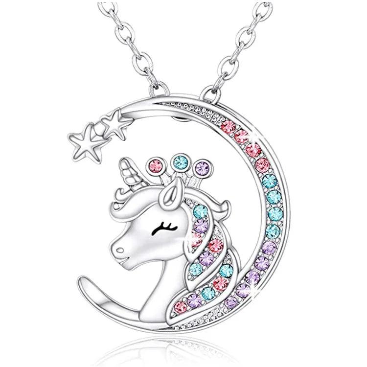 Silver moon unicorn pendant necklace with multicolor crystal inlay and link chain