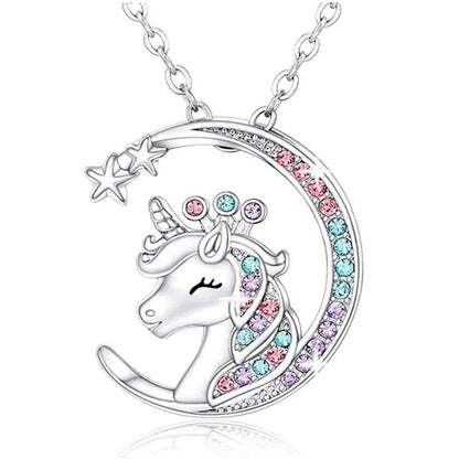 Silver moon unicorn pendant necklace with multicolor crystal inlay and link chain