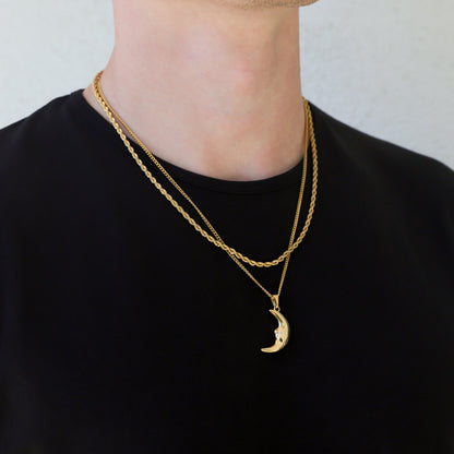 Gold crescent moon pendant necklace with double layered chains