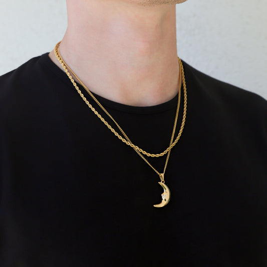 Gold crescent moon pendant necklace with double layered chains