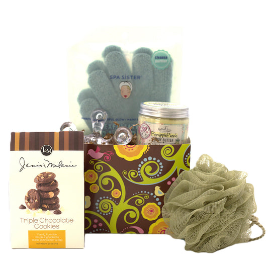 Spa and cookie gift basket with triple chocolate cookies box, body butter jar, sage cloth