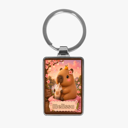 Silver metal keychain with square photo charm featuring a cute bear holding a drink
