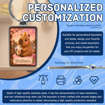 Square stainless steel keychain with silver ring and bear photo charm labeled Melissa