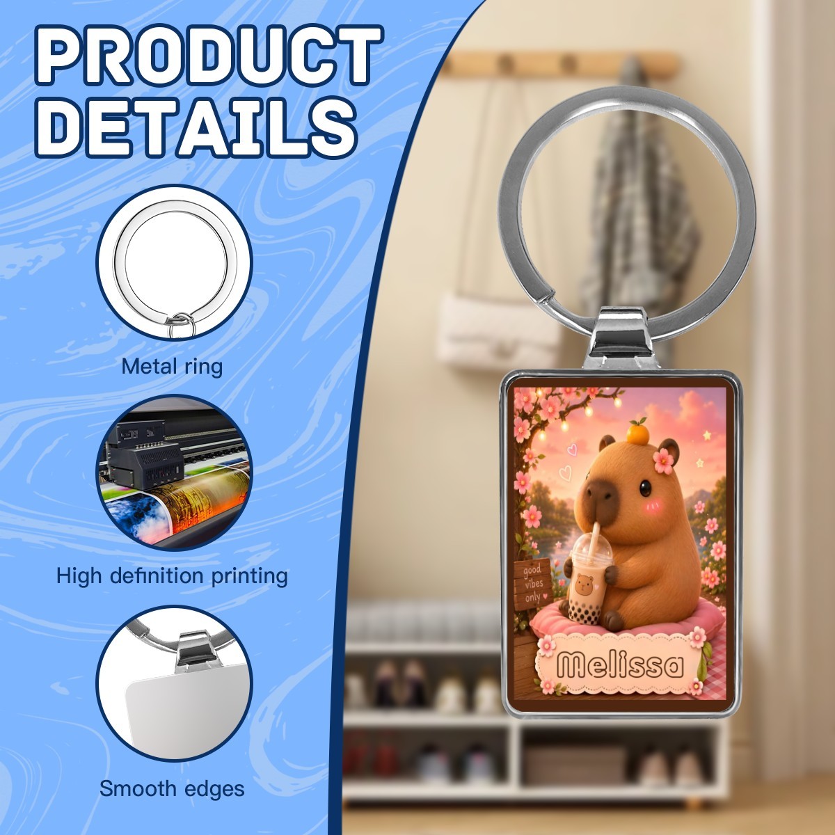 Silver metal keychain with square bear photo charm, smooth edges and printed design
