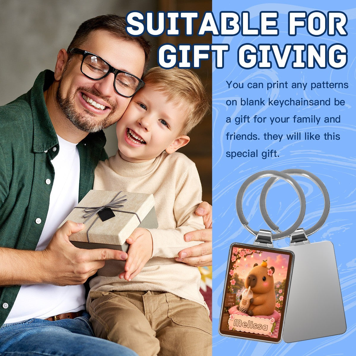 Silver keychain with square bear photo charm and silver ring for gift giving