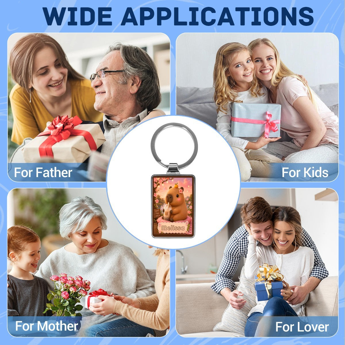 Silver keychain with square bear photo charm shown for Father, Mother, and Kids gifts
