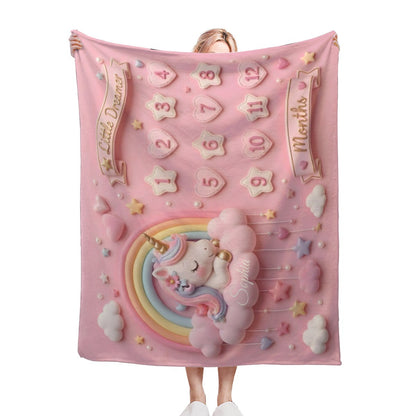 Pink baby milestone blanket with unicorn rainbow and numbered appliqués