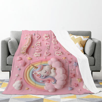 Pink unicorn rainbow throw blanket with clouds, stars, and floral accents