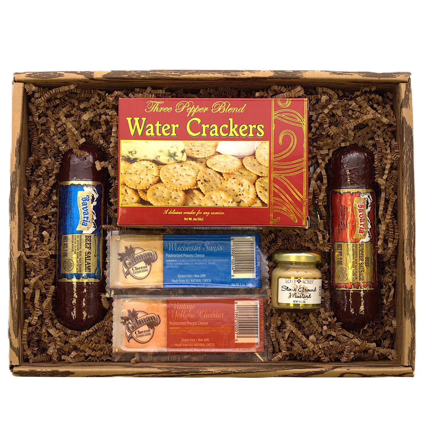 Meat and cheese gift basket with water crackers, cheese bars, mustard, and salami