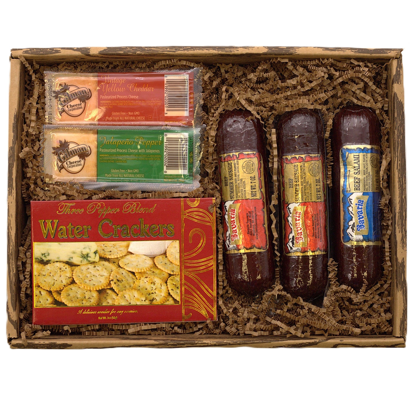 Deluxe gift basket with cheese slices, pepper bites, sausage sticks, and water crackers