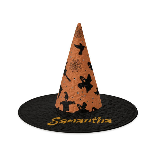 Orange witch hat with black wide brim and Samantha embroidered on front
