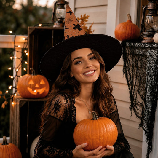 Adult witch hat: orange patterned cone with black wide brim worn with lace dress
