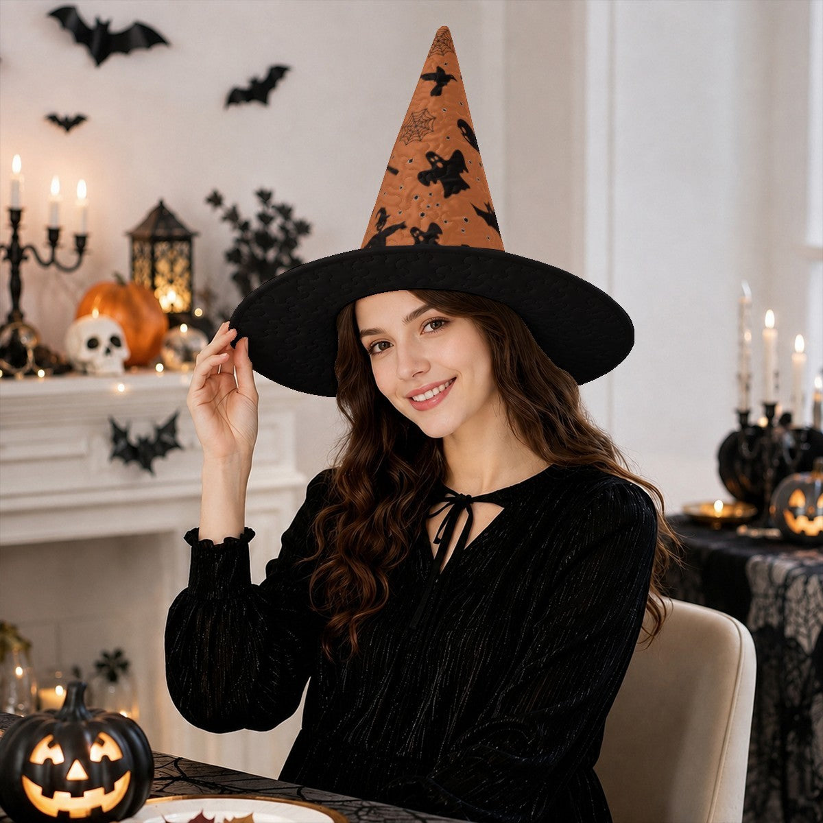 Orange patterned witch hat with black brim, worn on woman for Halloween costume