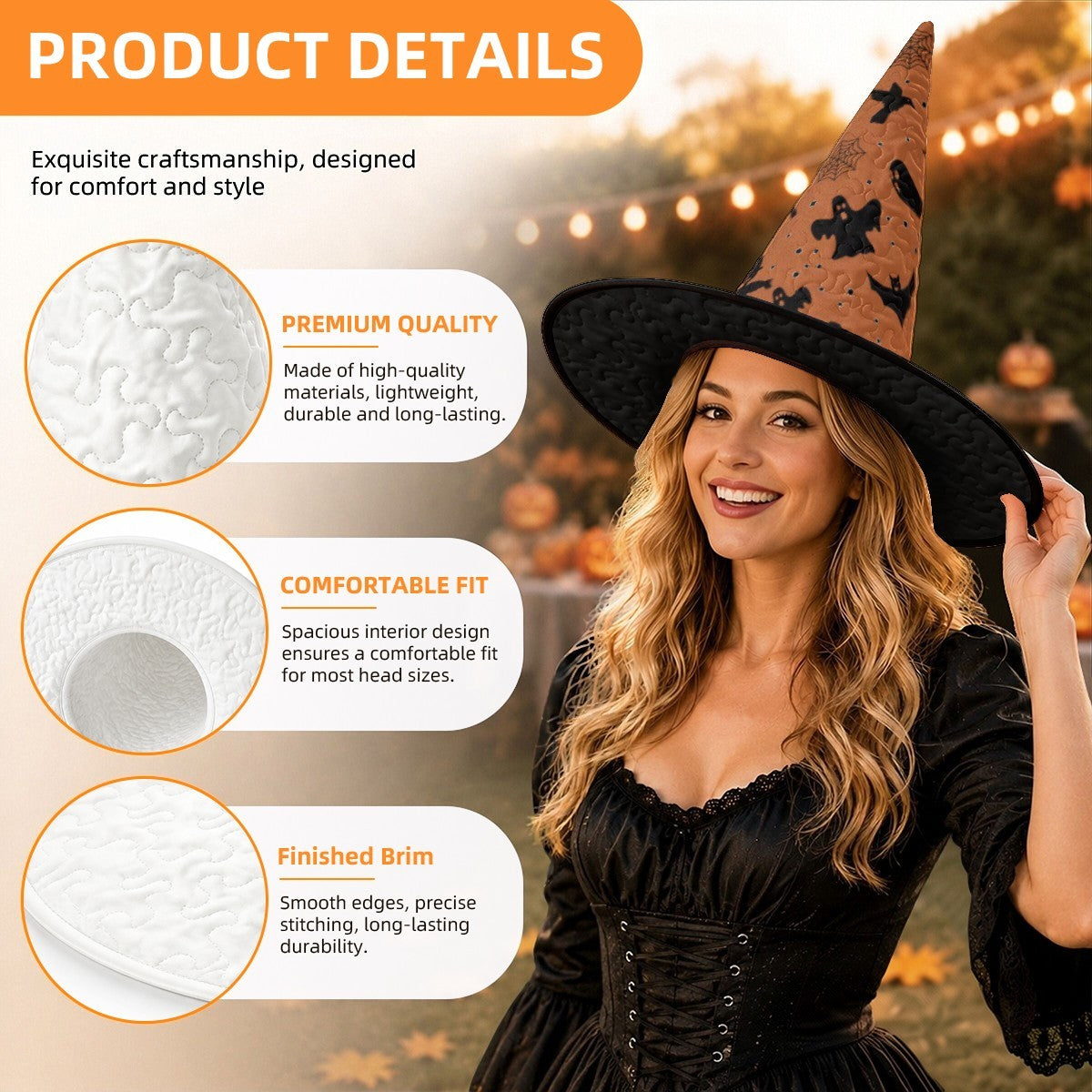 Orange Halloween patterned witch hat with black wide brim for adult costume