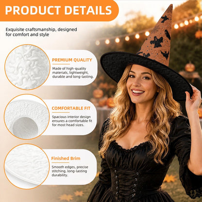 Orange Halloween patterned witch hat with black wide brim for adult costume