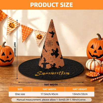 Orange pointed witch hat with black brim and Samantha name embroidery