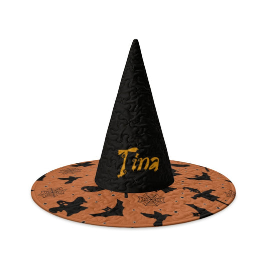 Black witch hat with orange patterned brim, featuring custom name patch.