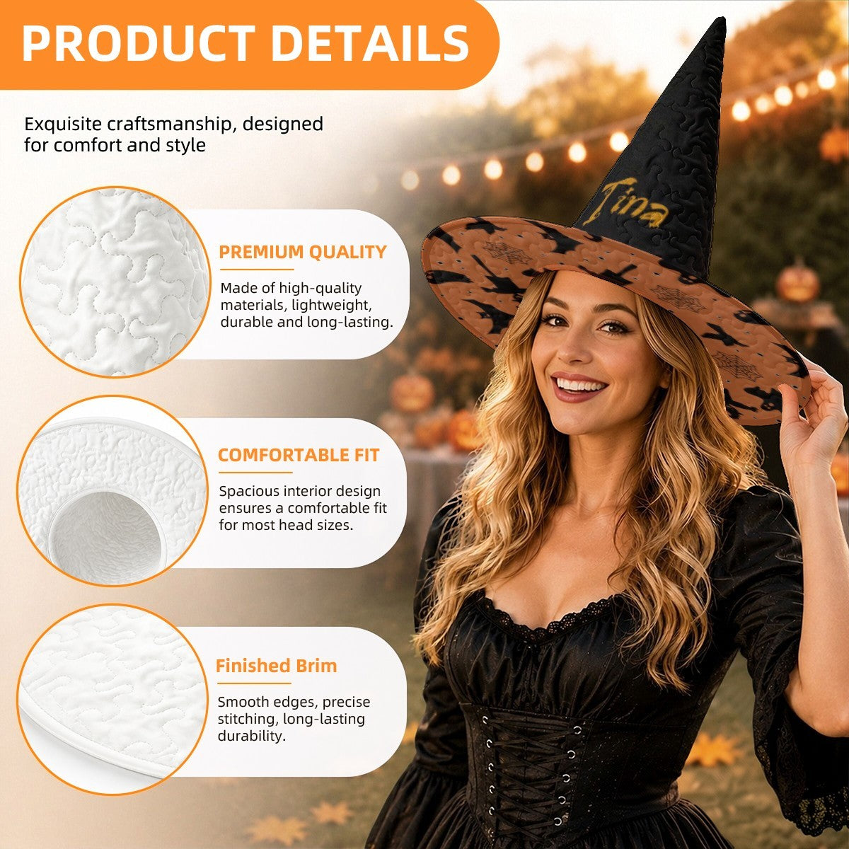 Black witch hat with orange printed brim and textured quilting detail.