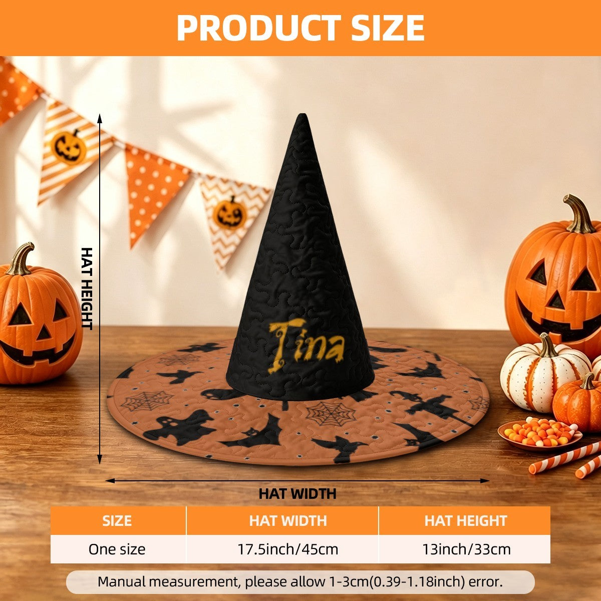Witch hat size chart with black pointed top and orange patterned brim, with measurements.